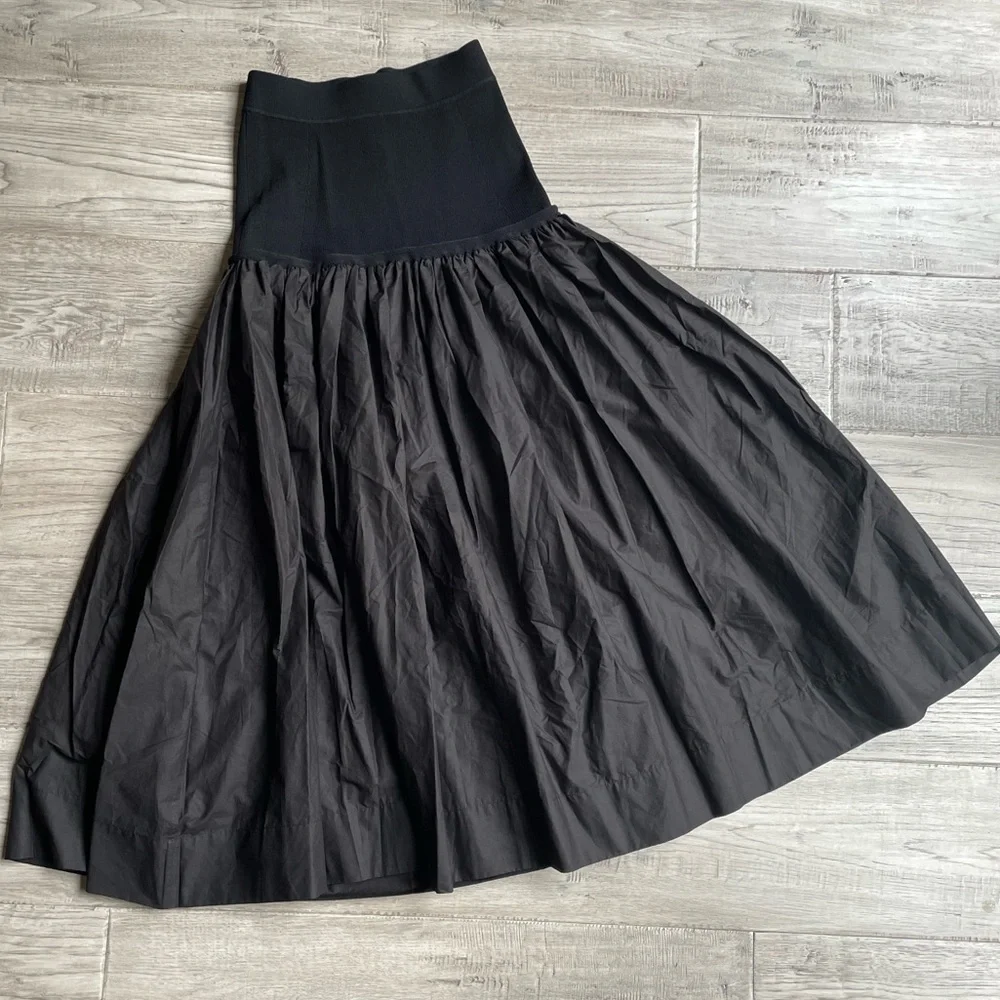 A.L.C. Marlowe Mixed Media Midi Skirt Black Poplin Cotton Stretch Drop Waist XS